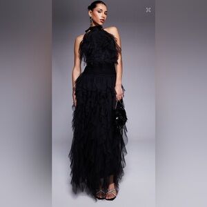 Backless Ruffle Tulle Maxi Dress